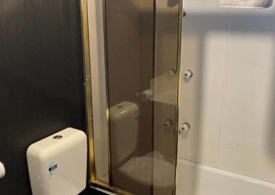 Interior view of the bathroom in Cabin 88, featuring a glass shower enclosure with golden trim. The shower has a handheld showerhead and a towel hanging nearby. To the right, a white toilet is visible. The room has a sleek and modern design with dark walls and a clean, minimalistic aesthetic, providing a cozy and functional space at Stawell Hotel Motel Accommodation
