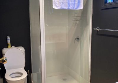 Interior bathroom view of Cabin 116, featuring a glass-enclosed shower with a towel hanging on the door. A modern white toilet is positioned next to the shower, and personal care items are visible on the shelf. The room is accented with dark walls and has a window providing natural light, illuminating the tiled flooring at Stawell Hotel Motel Accommodation